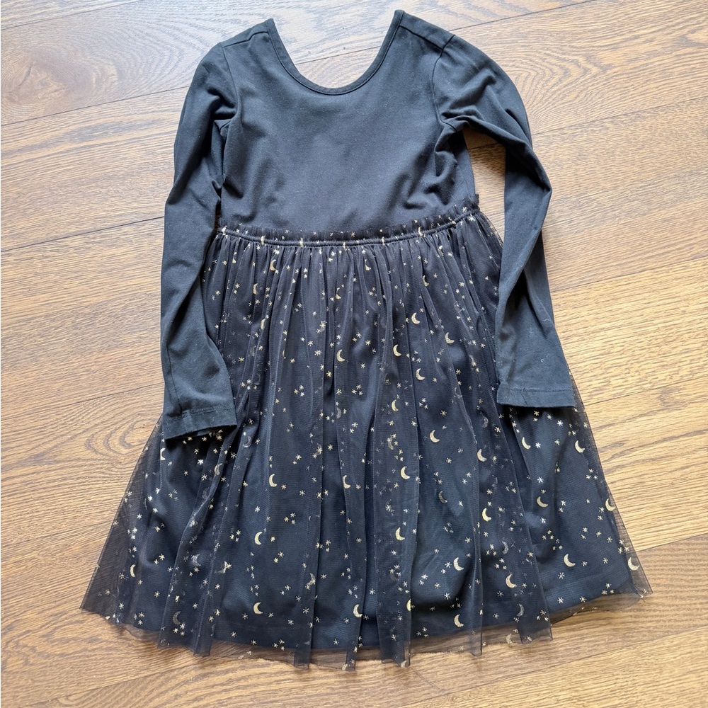 Hanna Andersson Black Tulle and Cotton Dress with Shimmery Moon Star Pattern 6/7